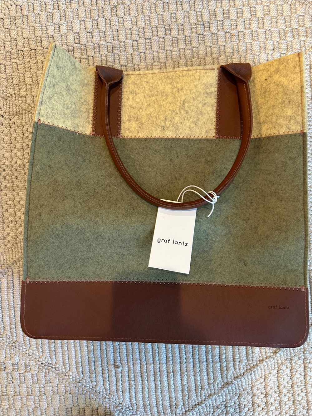 Graf Lantz Olive & Cream Wool Tote with Brown Leather Trim